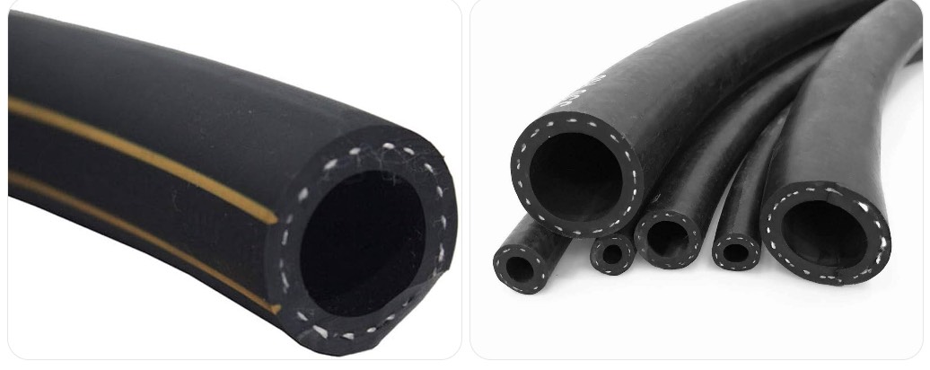 Cross-section diagram of industrial rubber hose showing inner tube, reinforcement and outer cover layers